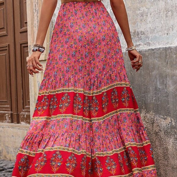 Pink Boho Women's Color Block Butterfly Printed Maxi A-Line Skirt For Vacation - Picture 3 of 6